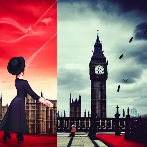 Image similar to A woman wearing a trench coat,a black hat and red high heels flying high in the sky above the tall buildings,the Big Ben is in background, top down perspective,gloomy lighting,creepy atmosphere,digital art , highly detailed , high contrast, beautiful lighting, award winning , trending on art station, 8k, photo realistic