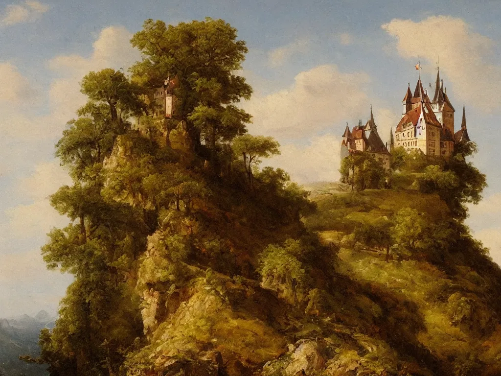 Prompt: a landscape painting of a german castle on the cliff