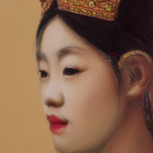 Prompt: Close-up of a young asian woman’s face wearing jewelry and a crown, low light and soft focus, painting in the style of Wlop