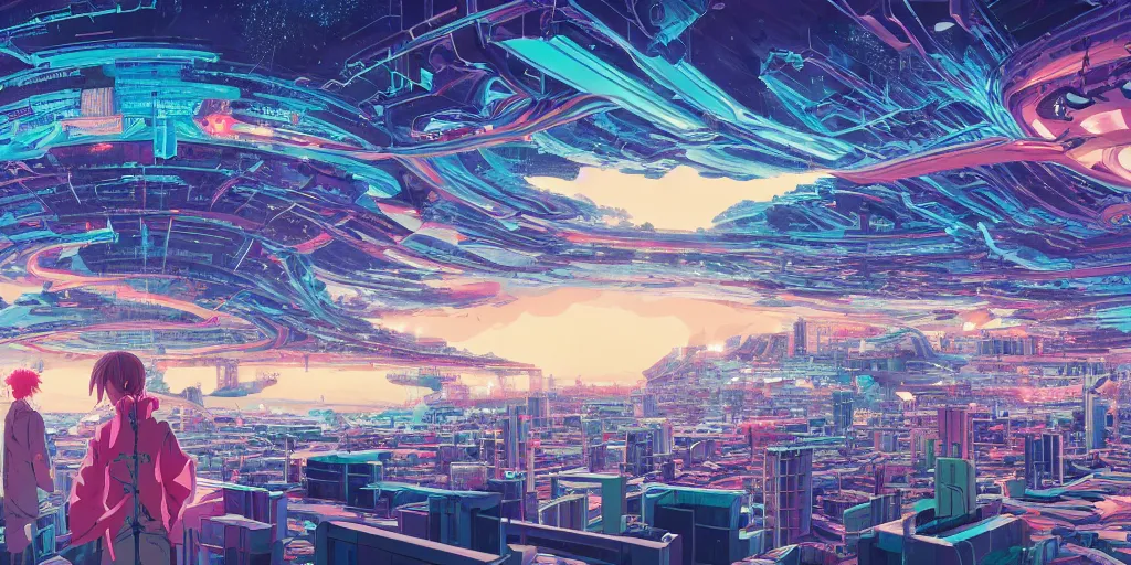 Image similar to Panorama view of an anime scenery by Beeple and naomi okubo and dan mumford and zaha hadid