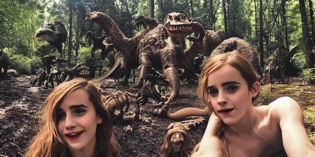 Image similar to photo, three hairy fat cave people, emma!! watson!!, looking at camera, surrounded by dinosaurs!, gigantic forest trees, sitting on rocks, bright moon, birthday cake on the ground, front close - up view of her face, selfie