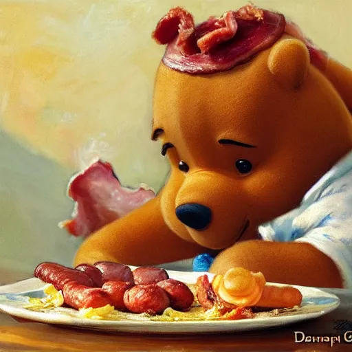 Image similar to close up of winnie the pooh with a plate of sausages and bacon, cinematographic shot, by daniel f. gerhartz