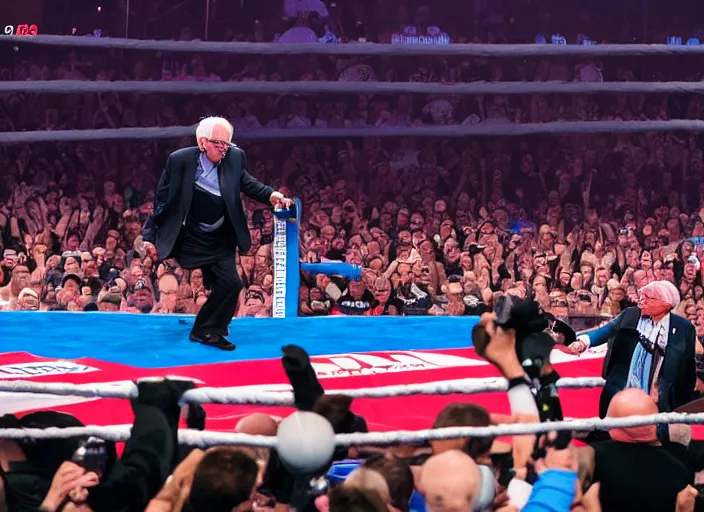 Prompt: photo still of bernie sanders in the ring at wrestlemania 3 6!!!!!!!! at age 7 8 years old 7 8 years of age!!!!!!! with a t - shirt gun, 8 k, 8 5 mm f 1. 8, studio lighting, rim light, right side key light