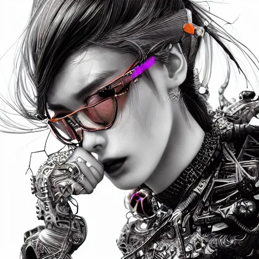 Prompt: the portrait of an absurdly beautiful, graceful, elegant, sophisticated, fashionable cyberpunk gravure idol, an ultrafine hyperdetailed illustration by kim jung gi, irakli nadar, intricate linework, bright colors, porcelain skin, unreal engine 5 highly rendered, fashion photography, dazed korea, global illumination, radiant light, detailed and intricate environment