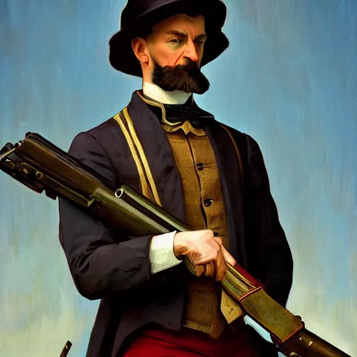 Prompt: classical painting of John Brown holding a futuristic rifle, wearing men's 1800s garb, intricate, elegant, digital painting, concept art, smooth, sharp focus, illustration, normal human physique, art nouveau, by Ruan Jia and Dan Mumford and Alphonse Mucha and Mandy Jurgens and Artgerm and William-Adolphe Bouguerea
