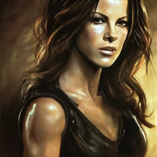 Image similar to ultra realistic portrait painting of kate beckinsale in resident evil, art by frank frazetta, 4 k, ultra realistic, highly detailed, epic lighting.