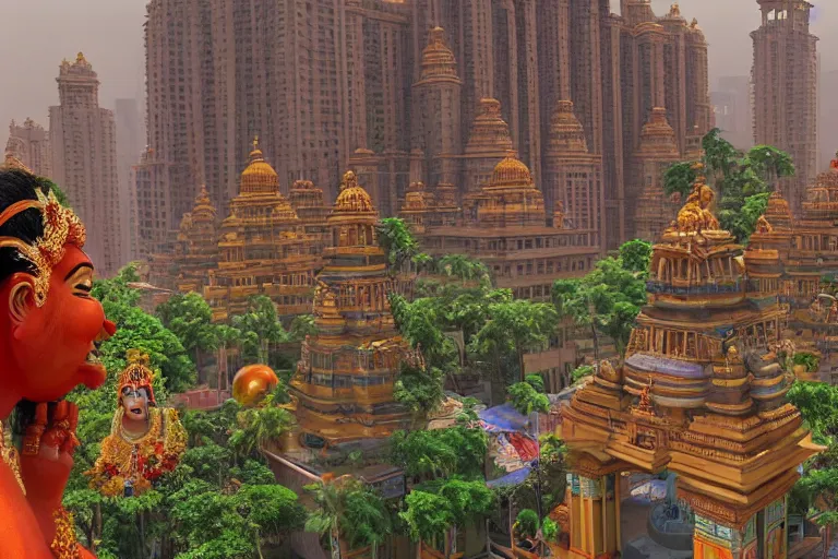 Image similar to high quality 3 d dreamscape! mumbai with biomorphic hanuman!! head building, kalighat highly detailed, unreal engine cinematic smooth, stephen shore & john j. park, soft morning light, wide shot, high angle, uhd 8 k, deep focus