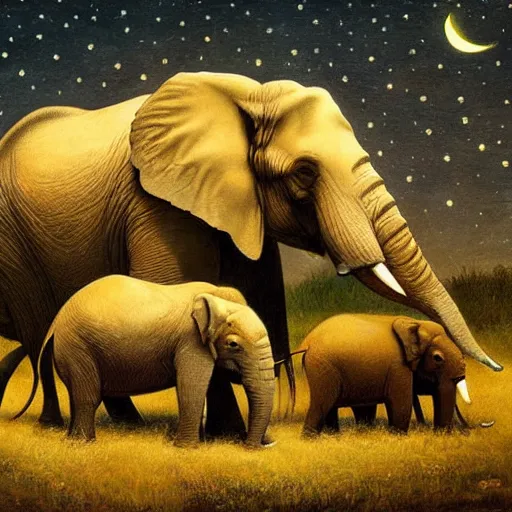 Image similar to two adult elephants and a baby elephant sleeping soundly under a starry sky surrounded by savannah, illustration, detailed, smooth, soft, warm, by Adolf Lachman, Shaun Tan