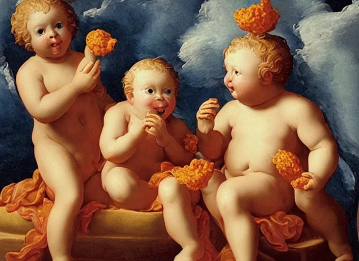 Image similar to cherubs eating cheeto's, extremely detailed, a baroque painting, rococo style