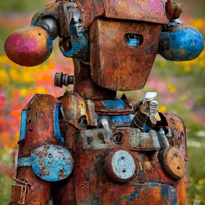 Image similar to closeup portrait of a rusted robot wearing a cloak made of rainbows and lilies, in an empty field, by Annie Leibovitz and Steve McCurry, natural light, detailed face, CANON Eos C300, ƒ1.8, 35mm, 8K, medium-format print