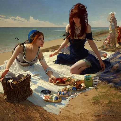 Image similar to a picnic on the beach by by tsuyoshi nagano, greg rutkowski, artgerm, alphonse mucha