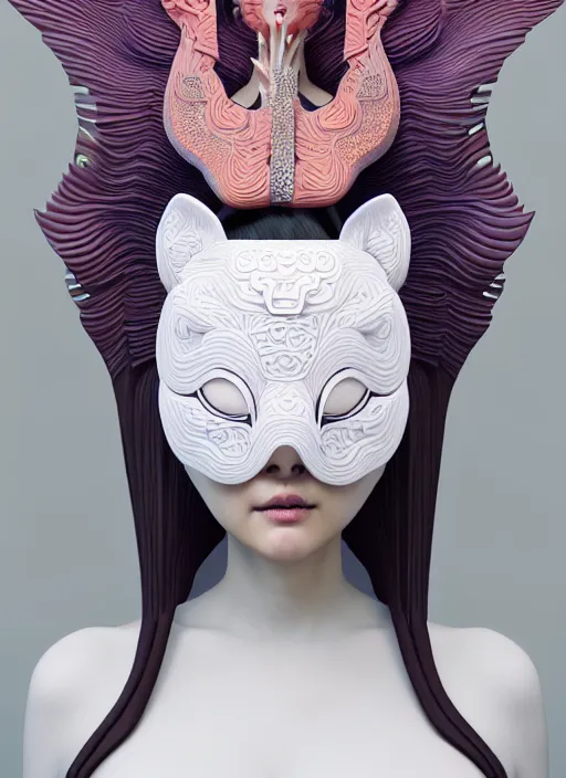 Image similar to 3 d goddess medium shot profile portrait. beautiful intricate highly detailed korean gumiho mask and traditional korean hanbok. stingray, magpie, stingray, magpie, bioluminescent, plasma, lava, ice, water, wind, creature, fog, artwork by tooth wu and wlop and beeple and greg rutkowski, 8 k trending on artstation,