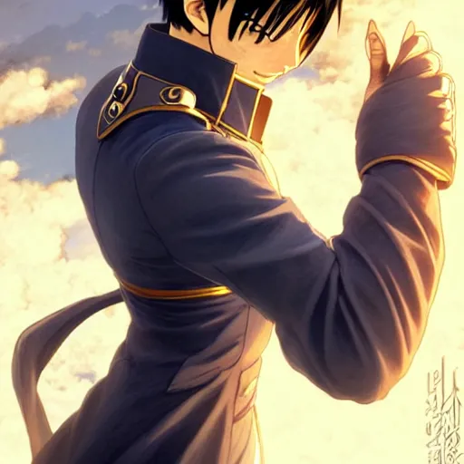 Image similar to Roy Mustang from Fullmetal Alchemist, fantasy, intricate, elegant, highly detailed, digital painting, artstation, concept art, matte, sharp focus, illustration, art by Artgerm and Greg Rutkowski and Alphonse Mucha