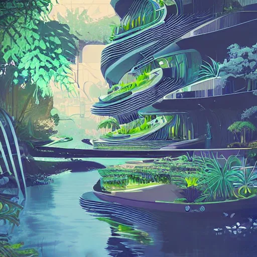 Image similar to beautiful happy picturesque charming organic futuristic sci - fi town in harmony with nature. water and plants. beautiful light. grainy and rough. soft colour scheme. beautiful artistic vector graphic design printed matter by lurid. ( 2 0 2 2 )