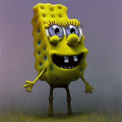 Prompt: a 3d render of spongebob by zdzislaw beksinski