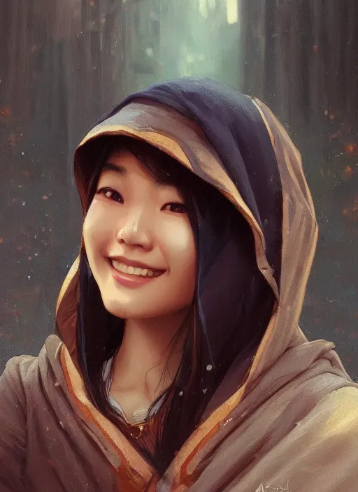 Image similar to Close-up portrait of smiling young asian woman wearing hood, portrait, highly detailed, digital painting, artstation, concept art, sharp focus, illustration, art by artgerm and greg rutkowski and alphonse mucha