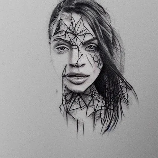 Image similar to realistic tattoo sketch of kate kuray face double exposure with a mountain scenery, in the style of matteo pasqualin, amazing detail, sharp