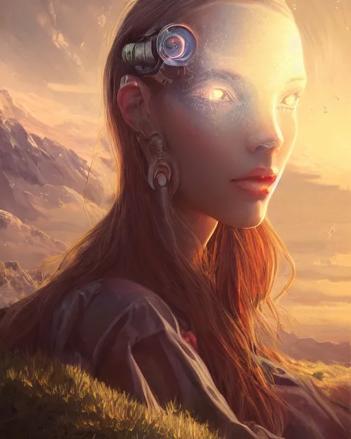 Prompt: portrait of perfect girl, beautiful landscape, highly detailed, pretty face, machine planet, alien utopia, glass obelisks, ufo in the sky, full of color, advanced technology, cinematic lighting, sharp focus, artstation, intricate, masterpiece, art by maria panfilova and dylan kowalski and huifeng huang