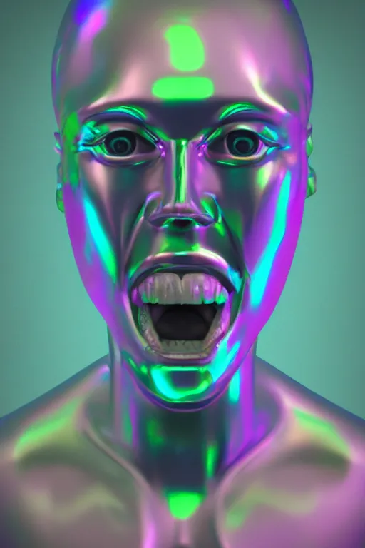 Image similar to 3d render of holographic angry human robotic screaming angry bust made of glossy iridescent, screaming, bust, surrealistic 3d illustration of a human non-binary, non binary model, 3d model human, cryengine, made of holographic texture, holographic material, holographic rainbow, concept of cyborg and artificial intelligence