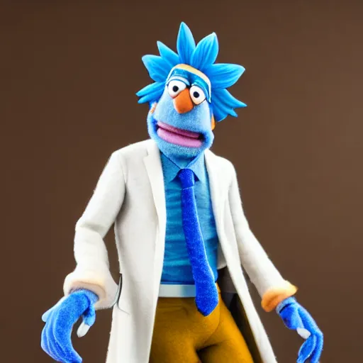 Image similar to rick sanchez as a muppet with peach skin, blue hair wearing a white lab coat. highly detailed felt. hyper real photo. 4 k.