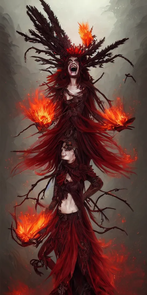 Image similar to full body shot, malevolent witch facing front laughing maniacally, red hair, crow helmet, floral dress, dead forest on fire, fantasy, intricate, photorealistic, elegant, stylish, highly detailed, digital painting, artstation, concept art, smooth, sharp focus, illustration, art by artgerm and greg rutkowski and terese nielsen