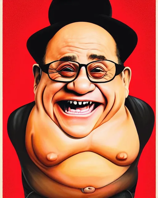 Image similar to painting portrait of danny devito as a ham, cartoon, warm lighting, danny devito has a ham body, danny devito's face on a ham. movie poster, illustration by bartek fedyczak, erak note, tooth wu, neil richards, kan liu, siwoo kim, jisu choe, trending on art station