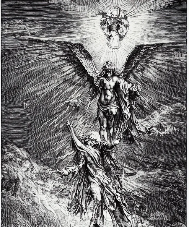 Prompt: lucifer dark shadow angel falling from heaven against a bright sky, lucifer, art by james o barr and albrecht durer and gustave dore, woodblock print, engraved, black and white, vector, vector art