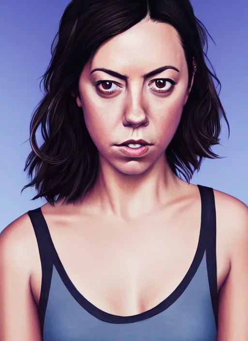 Image similar to full length photo of Aubrey Plaza in a tanktop in the style of stefan kostic, not realistic, sharp focus, 8k high definition, insanely detailed, intricate, elegant, art by stanley lau and artgerm