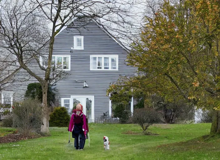 Prompt: the sour, dour, angry lady is walking her three tiny white dogs on leashes, looking down. she has gray hair. the old lady is wearing a long gray cardigan and dark pants. green house in background. large norway maple tree in foreground. view through window, across the road