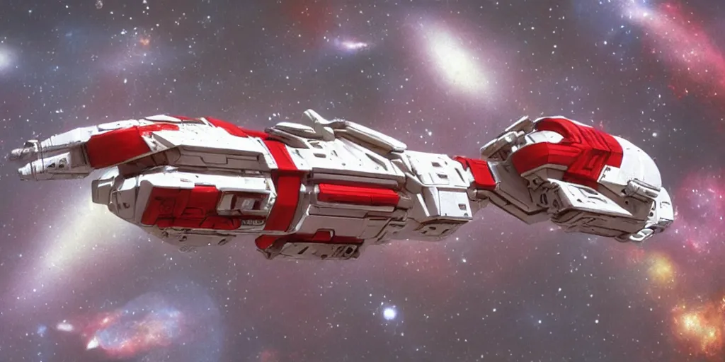 Prompt: Extraordinary white and red spaceship navigating within galaxies, in the style of Chris Foss