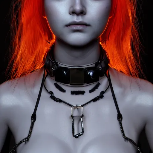 Image similar to detailed realistic female character cyberpunk wearing thick steel collar around neck, realistic, art, beautiful, 4K, collar, choker, collar around neck, punk, artstation, detailed, female, woman, choker, cyberpunk, neon, punk, collar, choker, collar around neck, thick collar, choker around neck, wearing choker, wearing collar,