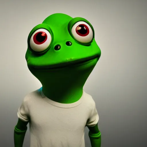 Image similar to a sadge - sad - pepe - the - frog, looking more depressed than usual, quivering lips, fists in the air, sweat flying, cgi render, zbrush, octane, keyshot render