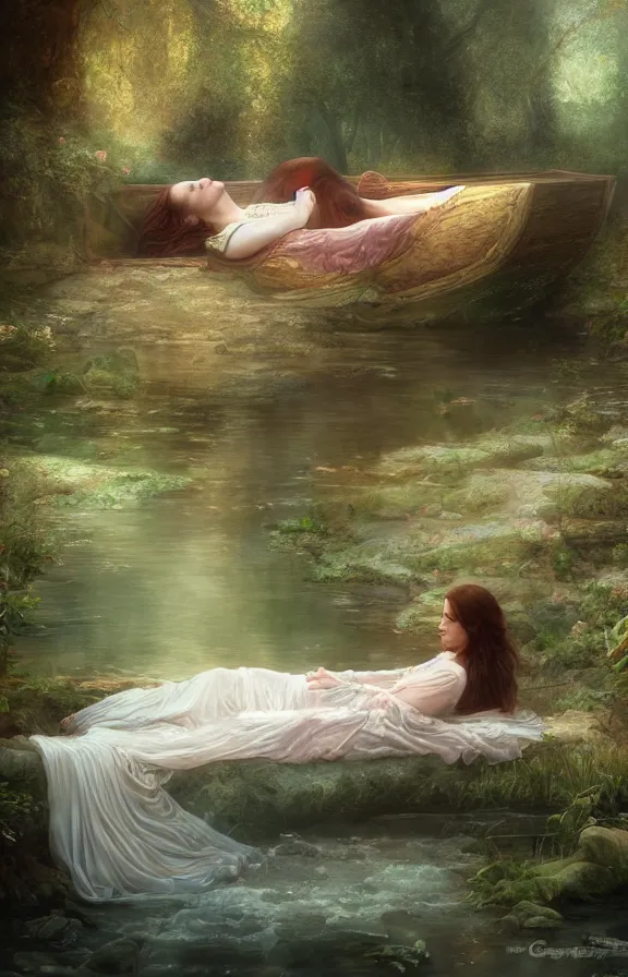 Image similar to beautiful lady of shalott laying in a river, sadness, longing, sharp focus, intricate, elegant, digital painting, artstation, matte, highly detailed, concept art, illustration, volumetric lighting, bokeh light, art by greg olsen and liz lemon swindle