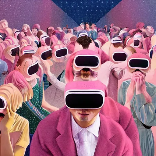 Image similar to A fine art painting of a group of people in a room full of spheres, the people are wearing pale pink clothing and each wearing a Vr headset. Each person is connected to another person by a rainbow that emits from each Vr headset. In the style of Wes Anderson and Biblical paintings