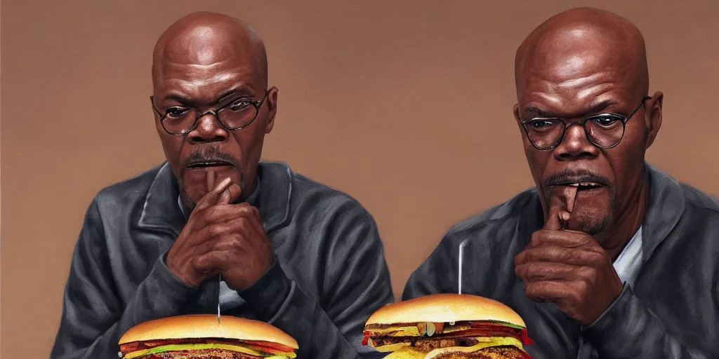 Prompt: highly detailed portrait painting of samuel l jackson eating burger in russia, perfect symmetrical eyes, by eddie mendoza and tyler edlin, 8 k resolution