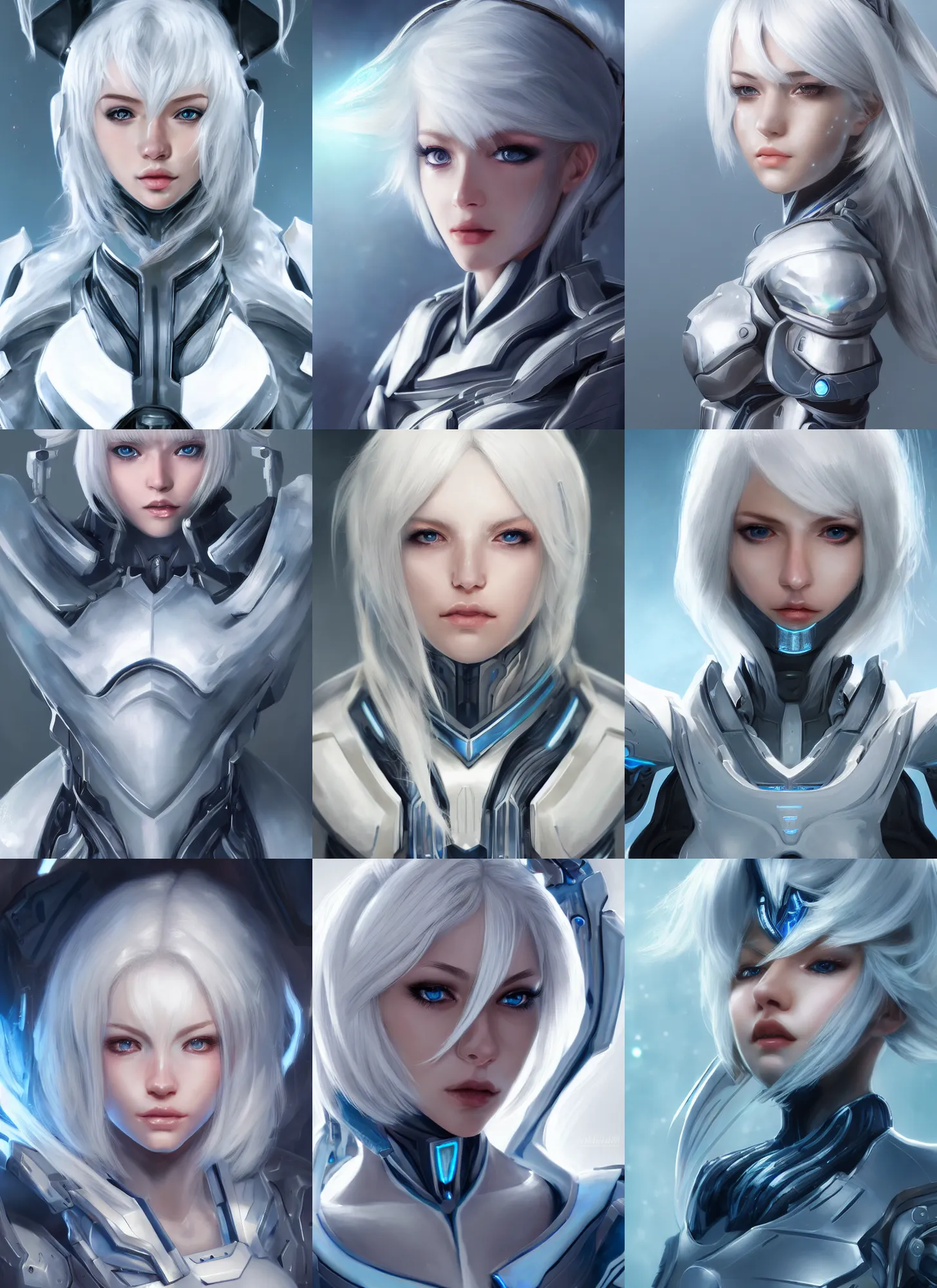 Prompt: detailed portrait of perfect white haired girl, android, warframe armor, beautiful, pretty face, blue cyborg eyes, innocent, scifi, 4 k, sun yunjoo, ultra realistic, aura of light, cinematic lighting, highly detailed, sharp focus, artstation, masterpiece, art by hyungjin yang