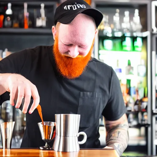 Prompt: a bartender with a red beard, wearing a black hat and black tshirt, pours a latte behind a cocktail bar