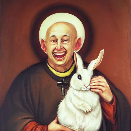 Prompt: priest holding a bunny, bunny has big fangs, priest has ram horns, oil painting