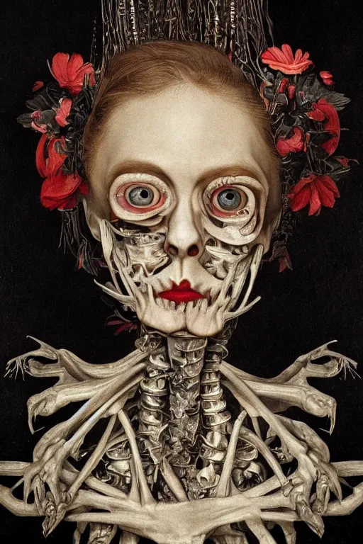 Image similar to Detailed maximalist portrait with large lips and with large eyes, sad expression, skeletal, HD mixed media, 3D collage, highly detailed and intricate illustration in the style of Caravaggio, dark art, baroque