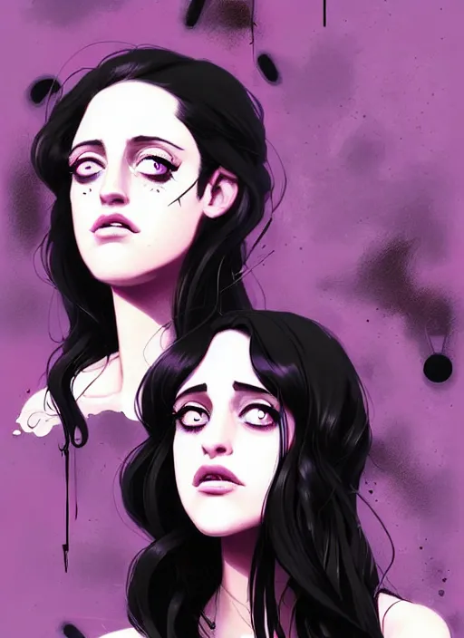 Image similar to highly detailed closeup portrait of beautiful carly chaikin as darlene alderson, wavy black hair, by atey ghailan, by greg rutkowski, by greg tocchini, by james gilleard, by joe fenton, by kaethe butcher, gradient purple, black and white color scheme, grunge aesthetic!!! ( ( graffiti tag wall background ) )