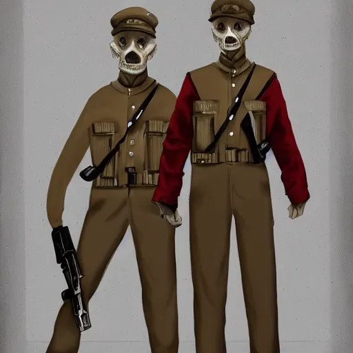 Image similar to ghoul security officers from with glowing pale red skin in vintage muted beige uniforms and caps holding bullpup rifles in a brutalist office setting trending on artstation digital painting 4 k sharp detail high quality