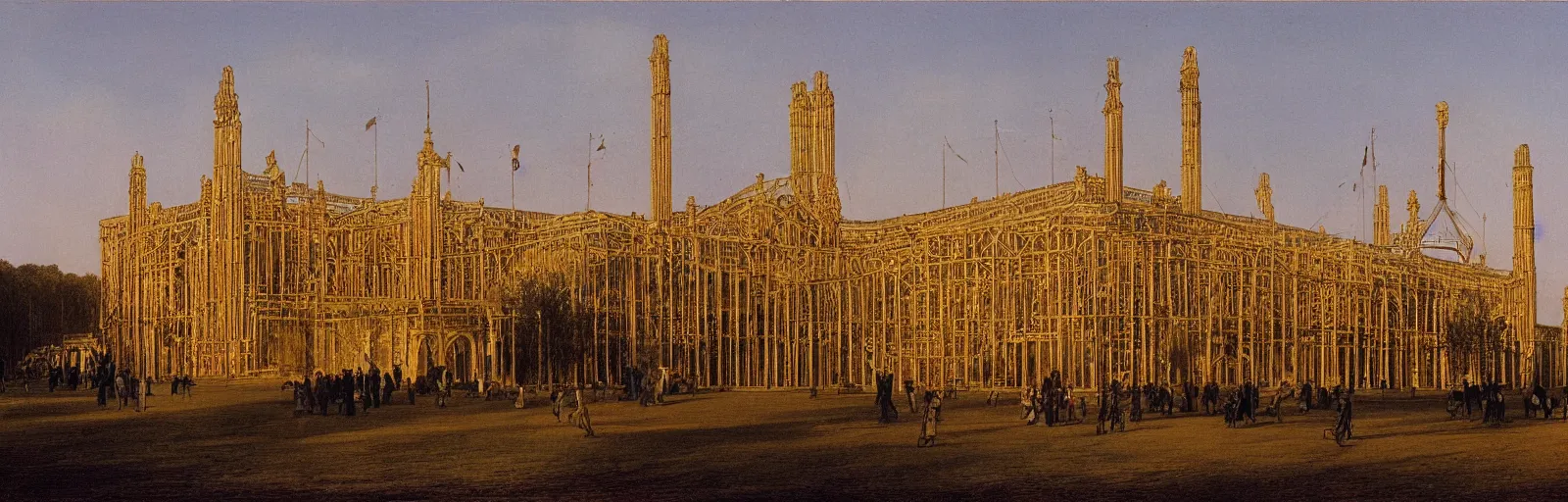 Image similar to a color photograph of the crystal palace, london exhibition of 1 8 5 1, golden hour,