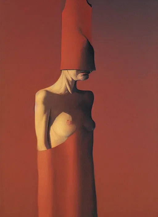 Image similar to woman with a paper bag over the head and a sward Edward Hopper and James Gilleard, Zdzislaw Beksinski, highly detailed