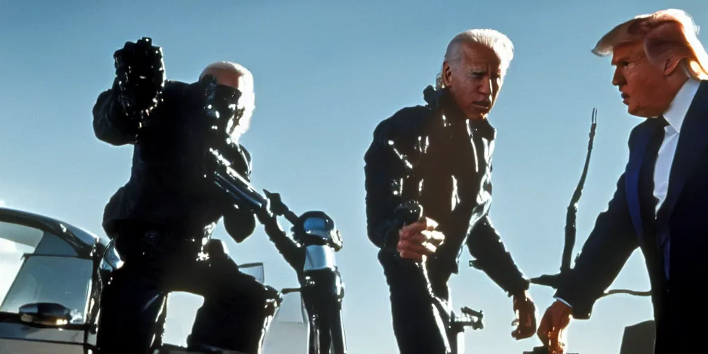 Image similar to joe biden in the terminator shooting terminator donald trump, cinematic, establishing shot, two characters facing each other, extremely high detail, photorealistic, cinematic lighting, James Cameron