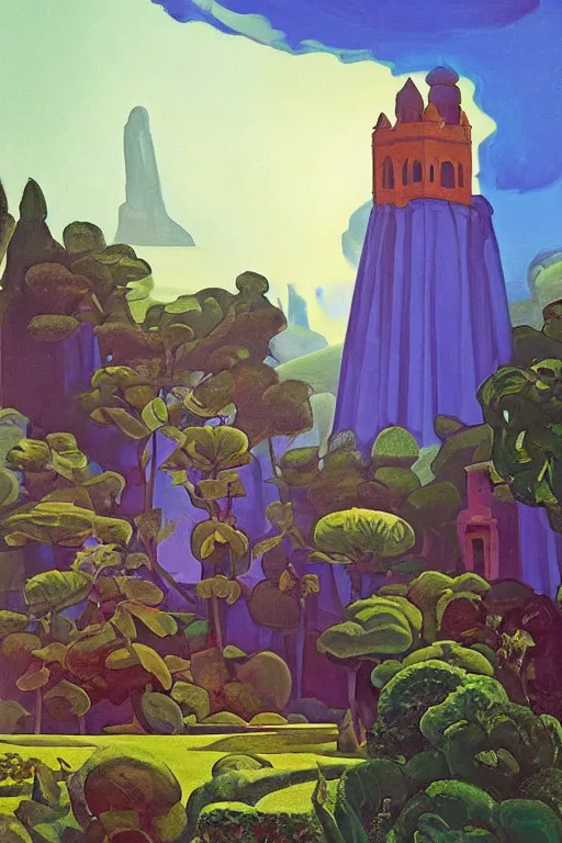 Image similar to view of the mysterious blue tower in its gardens after a storm, tall windows, beautiful moorish ornament, dramatic cinematic lighting, rich colors, by Sylvain Sarrailh and Nicholas Roerich and Ludwig Deutsch and April Gornik