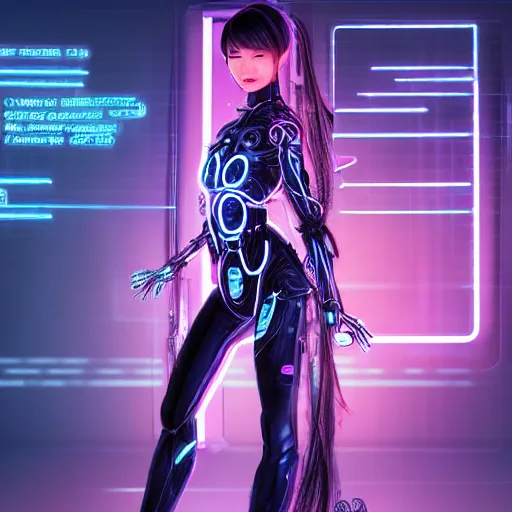 Prompt: a full body portrait of A asian girl as a beautiful futuristic cyberpunk female very young with long hair, biomechanical, neon Bioluminescence, hyper-realistic, very detailed, intricate, very sexy pose, slight smile expression, unreal engine, dramatic cinematic lighting rendered by octane, 8k, detailed,