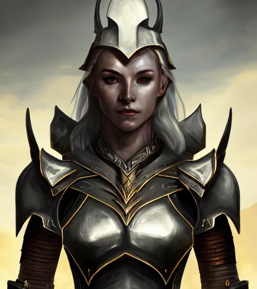 Image similar to unknown the elder scrolls vi charismatic rugged female high elf portrait clothed in metal - plated battle armour atmospheric lighting painted intricate volumetric lighting, beautiful, sharp focus, ultra detailed by leesha hannigan, ross tran, thierry doizon, kai carpenter, ignacio fernandez rios