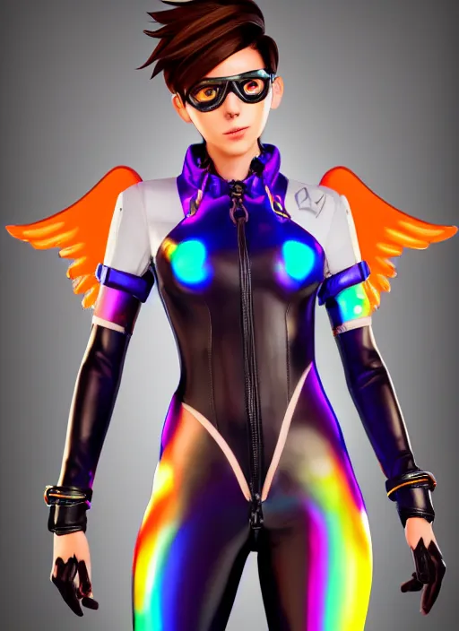 Image similar to portrait bust digital artwork of tracer overwatch, wearing iridescent rainbow latex and leather straps catsuit outfit, 4 k, expressive happy whistling face, makeup, in style of mark arian, angel wings, wearing detailed leather collar, chains, black leather harness, detailed face and eyes,