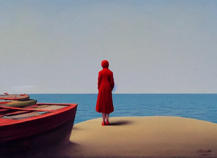 Prompt: lonely woman waiting on a shore for a boat with scarlet sail, highly detailed, science fiction, Edward Hopper and James Gilleard, Zdzislaw Beksinski highly detailed