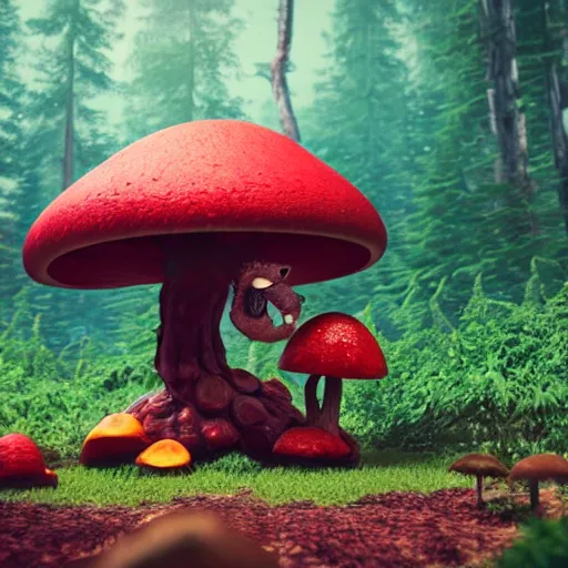 Prompt: beautiful cinematography of a cute fury monster eating lunch sitting on a red mushroom in a fantasy forest with living trees, in the style of a Pixar movie, wide shot, sharp and detailed, 3D model, 3D rendering, Octane render, raytracing, cinematic volumetric lighting